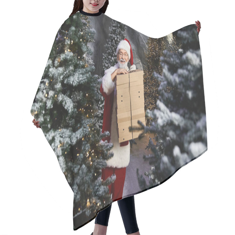 Personality  Santa Claus Carries Holiday Gifts Surrounded By Snow Covered Christmas Trees And Lights. Hair Cutting Cape