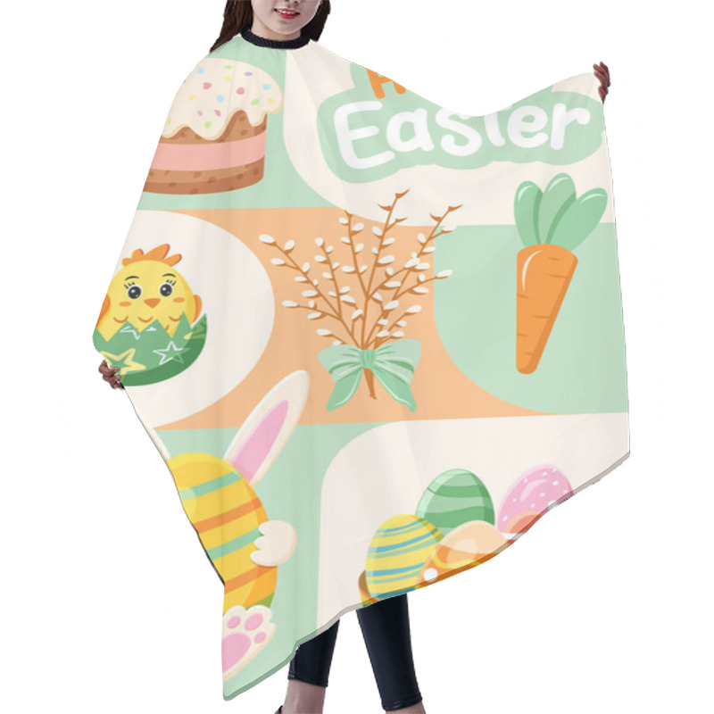 Personality  A Vibrant Easter-themed Collage Featuring A Traditional Easter Cake, A Cute Chick Hatching From An Egg, Willow Branches, A Carrot, And Colorful Decorated Eggs. The Modern Design Is Perfect For Greeting Cards, Posters, And Festive Decorations. Hair Cutting Cape