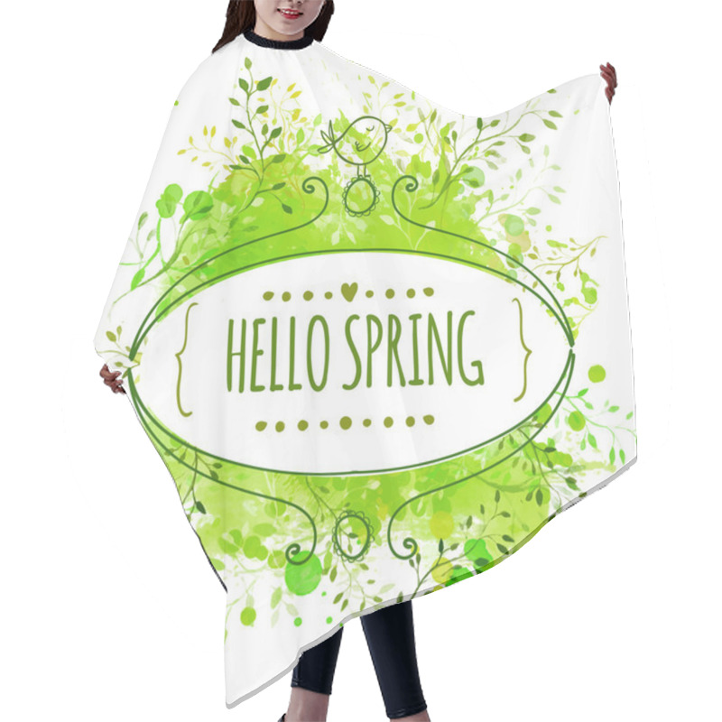 Personality  White Hand Drawn Ornate Frame With Doodle Bird And Template Text Hello Spring. Green Watercolor Splash Background. Creative Design For Wedding Invitations, Greeting Cards, Spring Sales Advertisement. Hair Cutting Cape