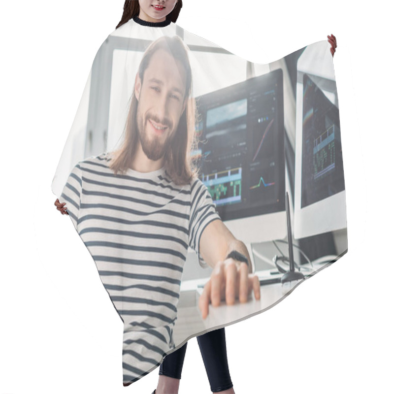 Personality  Selective Focus Of Happy Bearded Editor Looking At Camera  Hair Cutting Cape