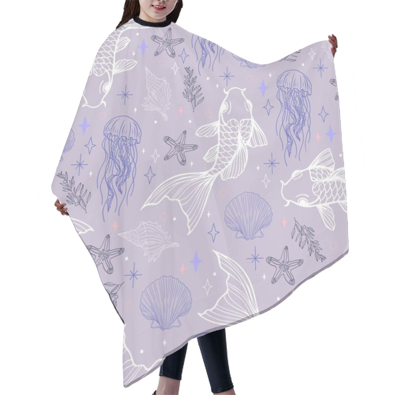 Personality  Underwater Seamless Pattern With Fish, Jellyfish, Shells, And Sea Stars. Hand-Drawn Vector Background Hair Cutting Cape