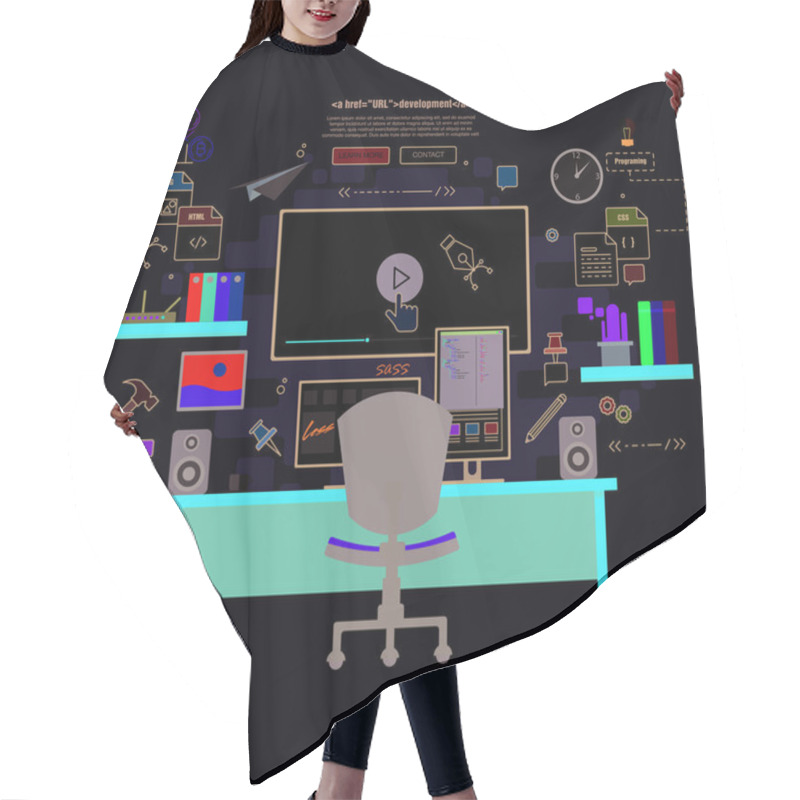 Personality  Programmer Working Place With Two Monitors Hair Cutting Cape