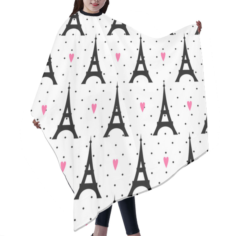 Personality  Tour Eiffel With Hearts Seamless Pattern On Polka Dot Background. Hair Cutting Cape