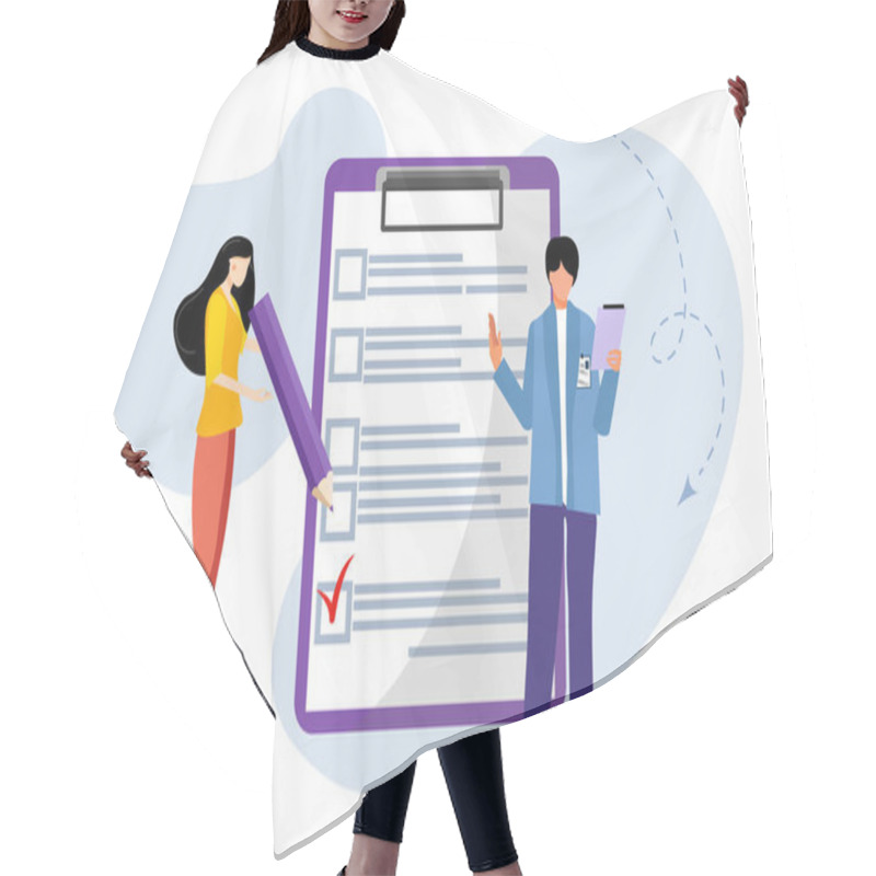 Personality  Checklist. Elections. Girl And Guy With A Checklist And Check Boxes. Business Plan, Marketing Strategy, Survey, Completed Tasks, Teamwork Success Concepts. Modern Flat Design. Vector Illustration Hair Cutting Cape