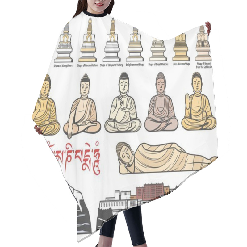 Personality  Tibet Buddhism Religion, Tibetan Buddhist Stupa Shrines, Buddha Meditatin Postures. Potala Palace In Tibet And Mount Kailash. Tibet Religious Landmarks, Symbols And Famous Architecture Vector Icons Hair Cutting Cape