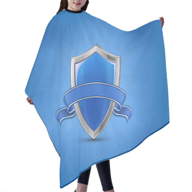 Personality  Protection Concept. Blue Glossy Shield With Ribbon Hair Cutting Cape