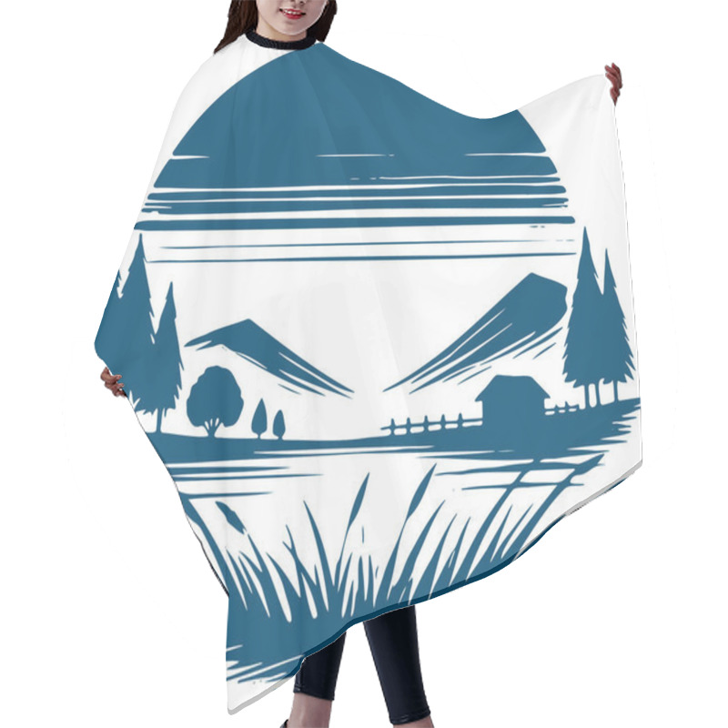 Personality  Serene Mountain Landscape With Cabin In Blue Silhouette Art Style Hair Cutting Cape