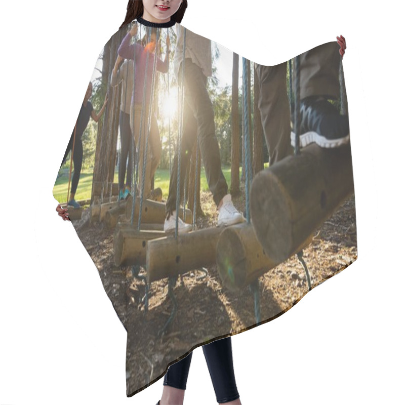 Personality  Business People Crossing Swinging Logs In Forest Hair Cutting Cape