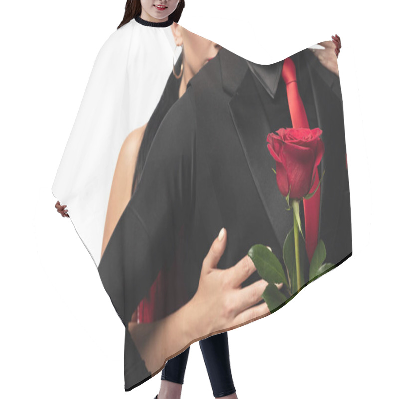 Personality  Cropped View Of Elegant Dancer Holding Red Rose While Partner Hugging Him From Back Isolated On White Hair Cutting Cape