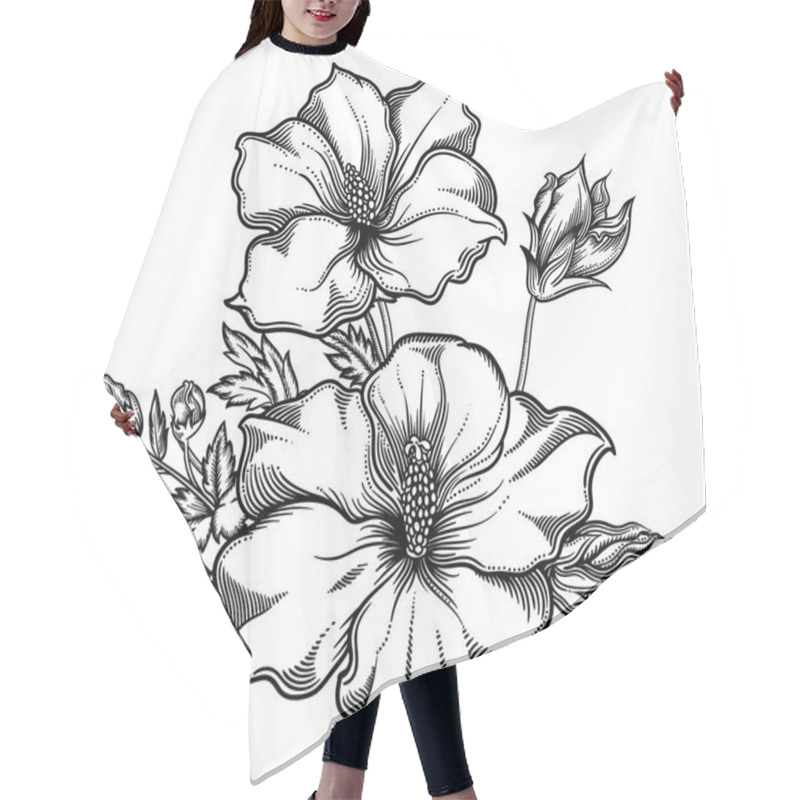 Personality  Blooming Exotic Flowers , Detailed Hand Drawn Vector Illustration. Romantic Decorative Flower Drawing In Line Art . All Sketches Objects Isolated On White Background. Vector Sketch Of Blooming Flowers Hair Cutting Cape