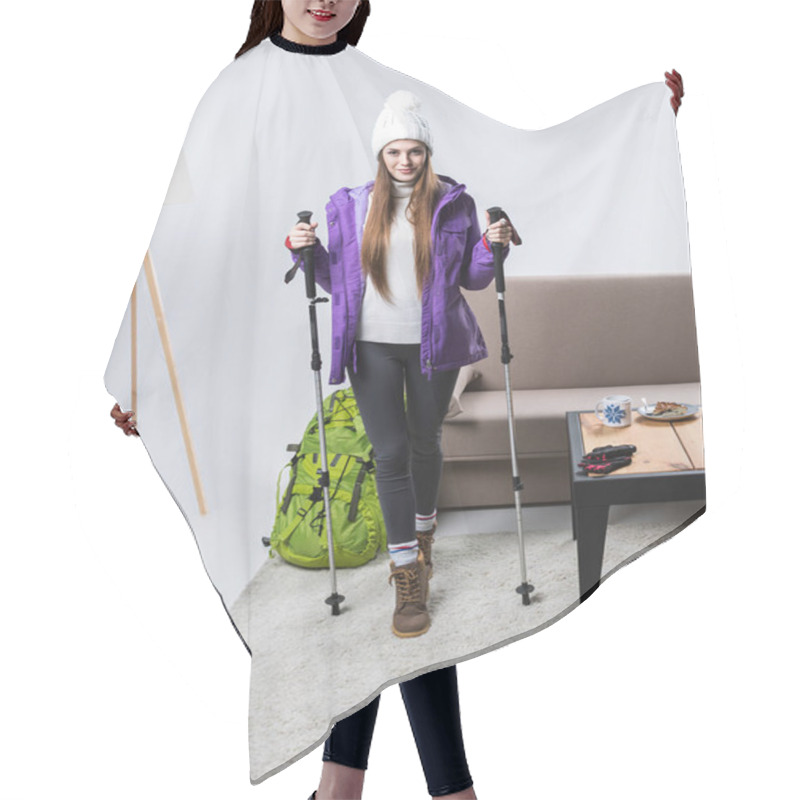 Personality  Beautiful Sportswoman In Warm Clothing With Backpack And Hiking Sticks At Home Hair Cutting Cape