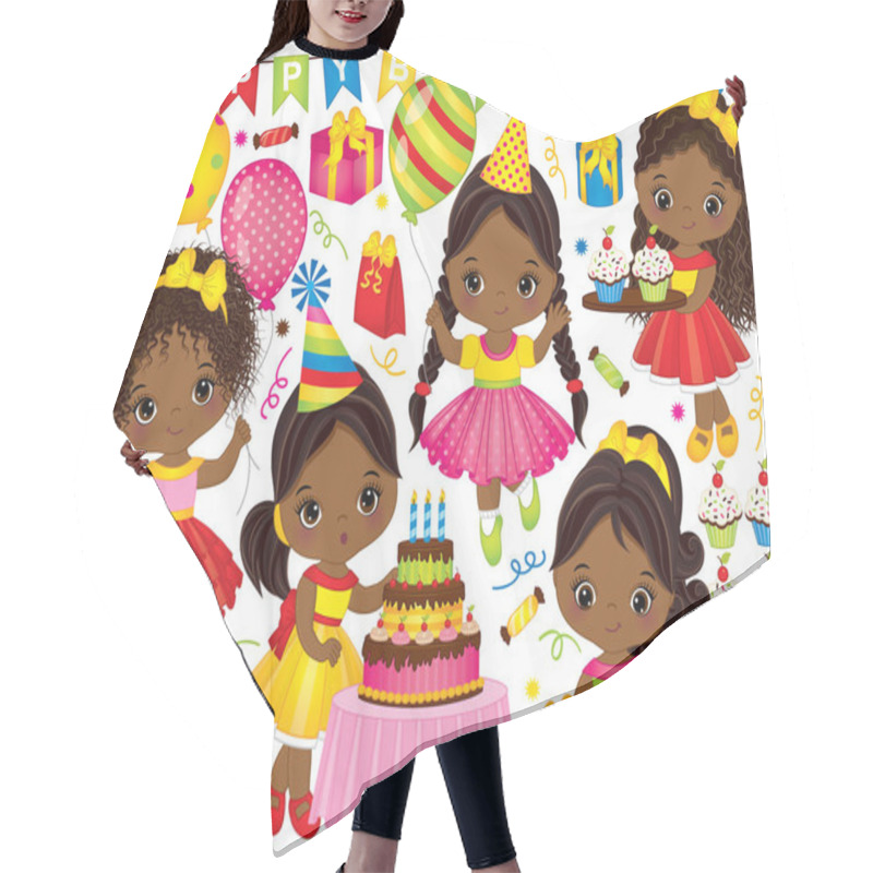 Personality  Vector Birthday Set With Little African American Girls And Party Elements Hair Cutting Cape