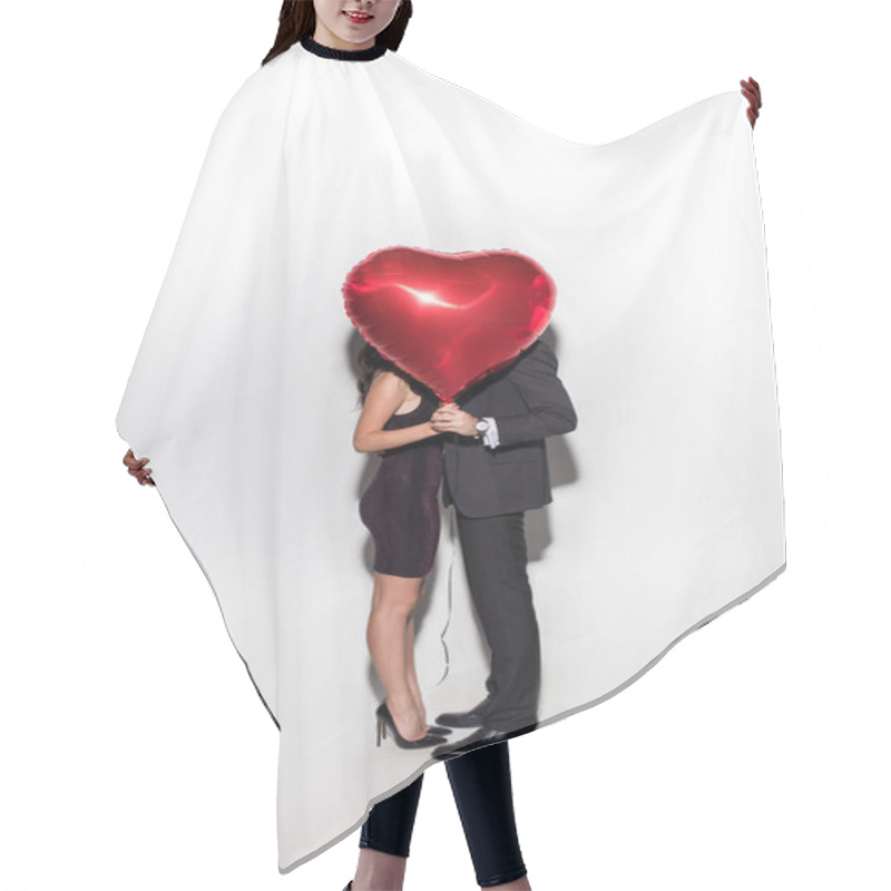 Personality  Couple Holding Red Heart Shaped Balloon In Front Of Face On Valentines Day On White Hair Cutting Cape