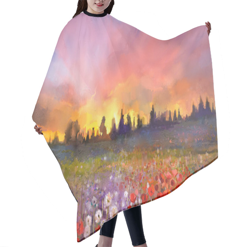 Personality  Oil Painting Poppy, Dandelion, Daisy Flowers In Fields. Sunset Meadow Landscape With Wildflower, Hill, Sky In Orange And Blue Violet Color Background Hair Cutting Cape