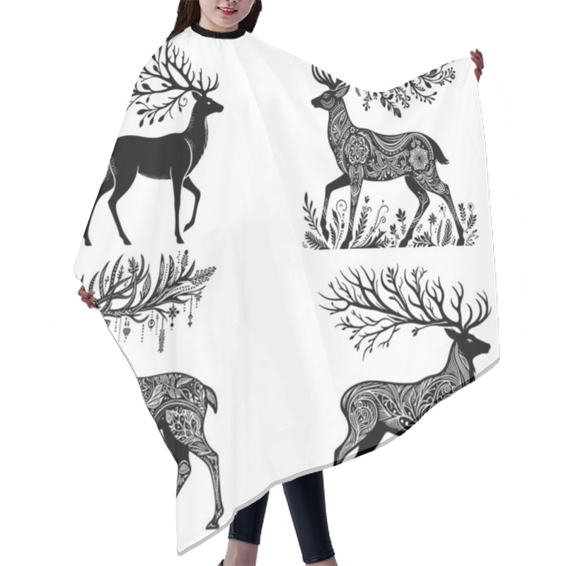 Personality  Detailed Black-and-white Deer Illustration With Floral Antlers, Perfect For Art Prints, Tattoos, And Creative Projects. Set Of Four Deer. Hair Cutting Cape