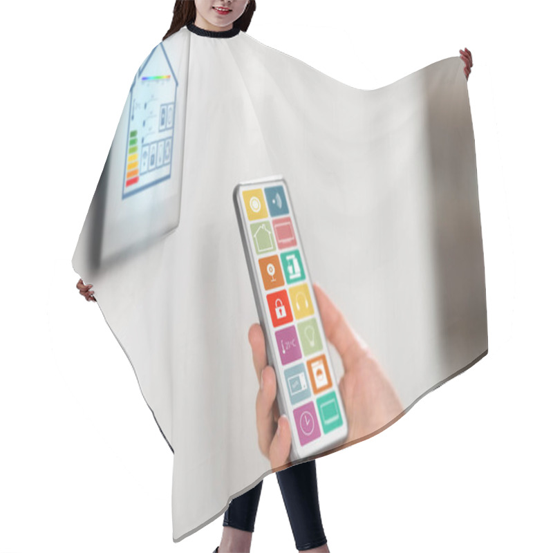 Personality  Hand With Smart Home Icons On Smartphone Screen Hair Cutting Cape