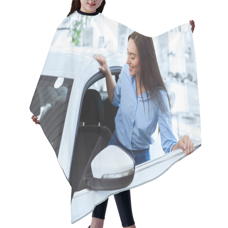 Personality  Getting Her Own Car! Beautiful Young Happy Woman Getting Inside Of A New Car She Is Going To Buy At The Local Car Salon Hair Cutting Cape