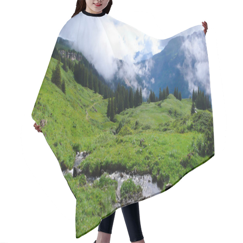 Personality  Lush Green Mountain Landscape With Meadows And A Small Creek In The Middle Under A Cloudy And Foggy Morning Sky Hair Cutting Cape