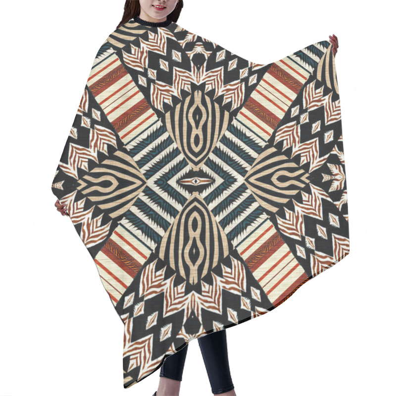 Personality  African Kente Cloth Patchwork Effect Pattern. Seamless Geometric Quilt Fabric All Over Background. Patched Boho Rug Safari Shirt Repetitive Tile Swatch. Hair Cutting Cape