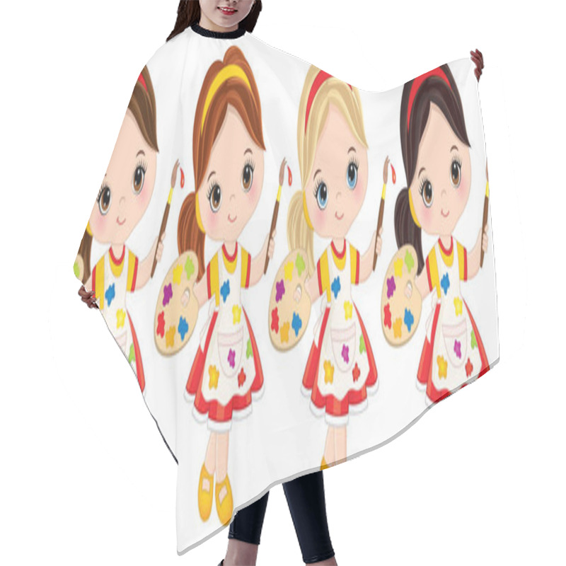 Personality  Vector Little Girls With Palette And Paint Brushes. Vector Little Artists Hair Cutting Cape