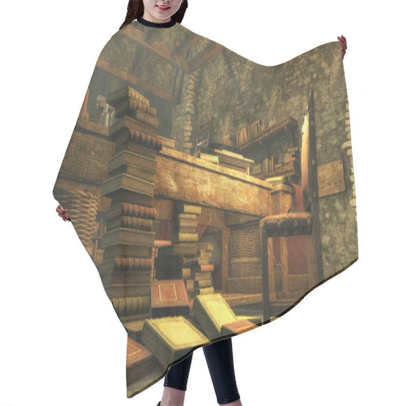 Personality  A 3D Illustration Of A Medieval Room Full Of Antique Books, A Wooden Table And Chair, Evoking History. Hair Cutting Cape