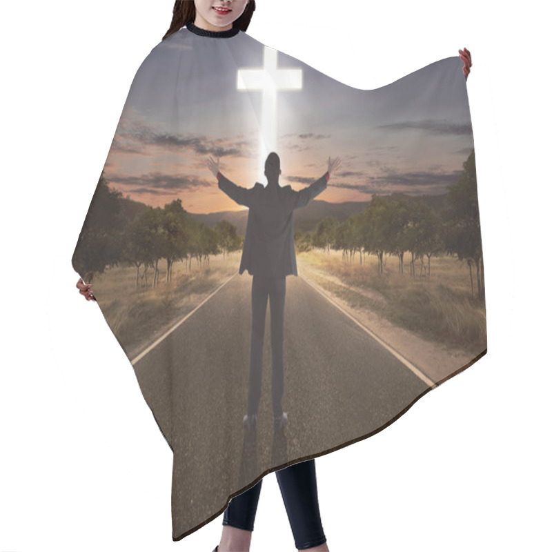 Personality  Portrait Of Man Raising Hand While Praying To God With Bright Cr Hair Cutting Cape