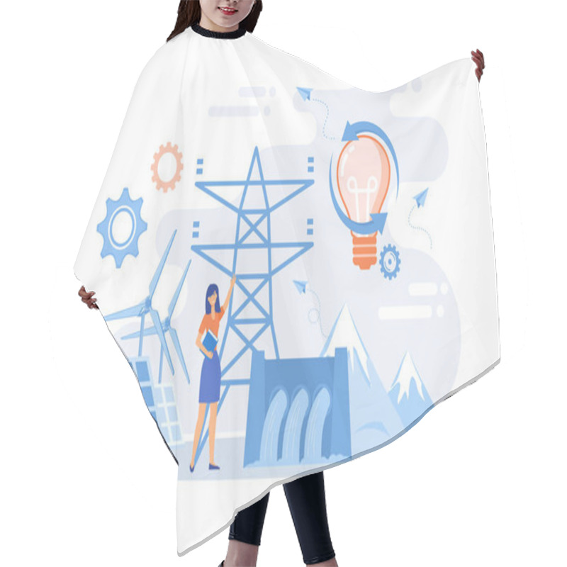 Personality  Scientist With Sustainable Development Ideas Solar Panels, Hydropower, Wind. Sustainable Energy, Future-oriented Energy, Smart Energy System Concept. Flat Vector Modern Illustration Hair Cutting Cape