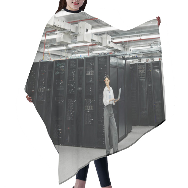 Personality  In A Modern Server Room, A Woman In A White Shirt Manages Computer Systems With Focus And Skill. Hair Cutting Cape