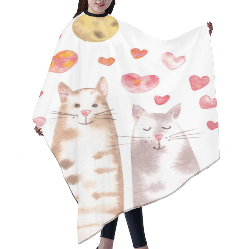 Personality  Watercolor Illustration Depicting A Pair Of Cats In Love. The Picture Is Suitable For Postcards, Stickers, Gift Bags For Valentine's Day, Wedding, Birthday. Hand-drawn Cats In Hearts On A White Background Hair Cutting Cape