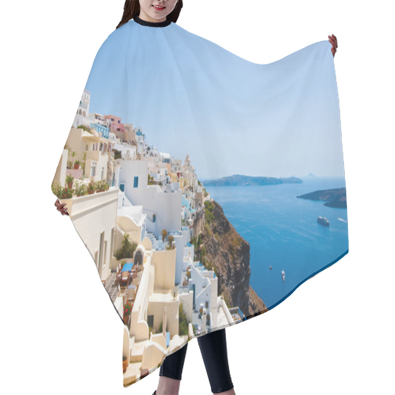 Personality  Panorama Of Fira With Whitewashed Buildings Carved Into The Rock On The Edge Of The Caldera Cliff On The Island Of Thira (Santorini), Greece. Hair Cutting Cape