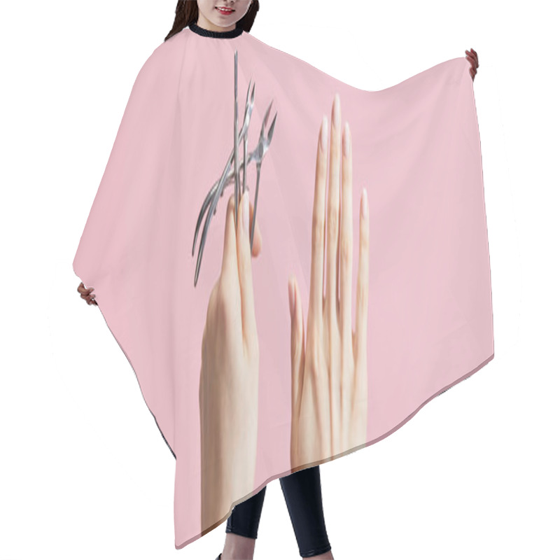 Personality  Cropped View Of Woman Holding Cuticle Pusher And Nippers Isolated On Pink, Panoramic Shot Hair Cutting Cape