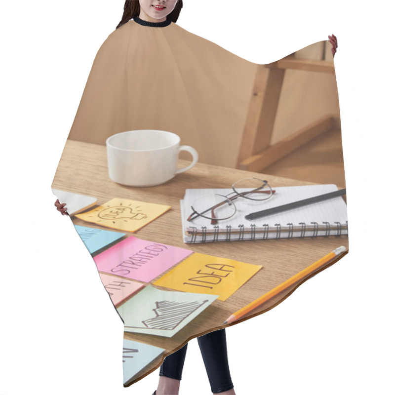 Personality  Paper Stickers With Business Strategy And Cup Of Coffee On Tabletop Hair Cutting Cape