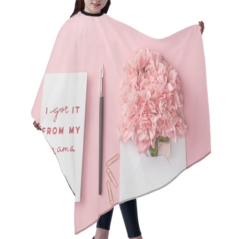 Personality  Top View Of Mothers Day Greeting Card And Envelope With Carnations On Pink Background Hair Cutting Cape