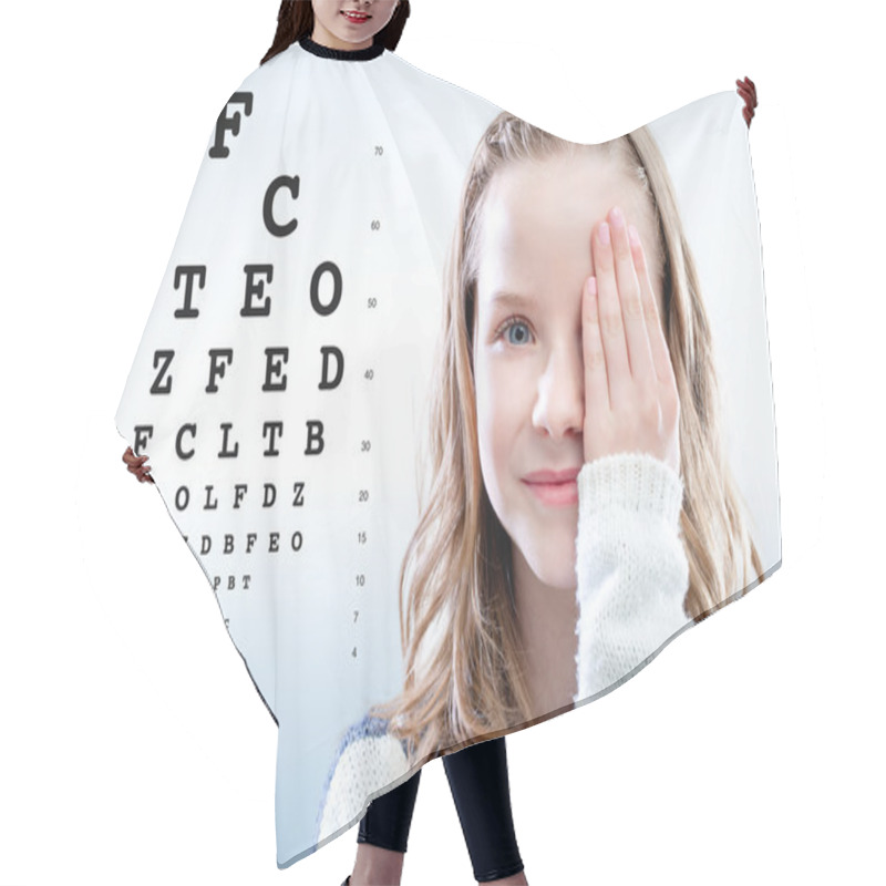 Personality  Girl Reviewing Eyesight. Hair Cutting Cape