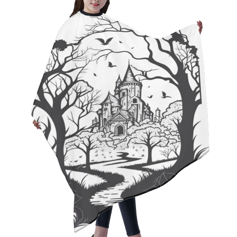 Personality  Old Medieval Castle, And In The Foreground Old Withered Trees. Beautiful Palace. Halloween Landscape With A Castle. Black And White Vector Illustration Hair Cutting Cape