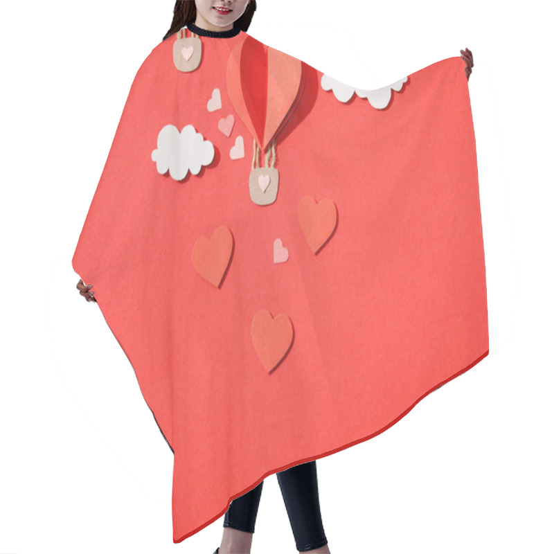 Personality  Top View Of Paper Heart Shaped Air Balloon In Clouds On Red Background Hair Cutting Cape