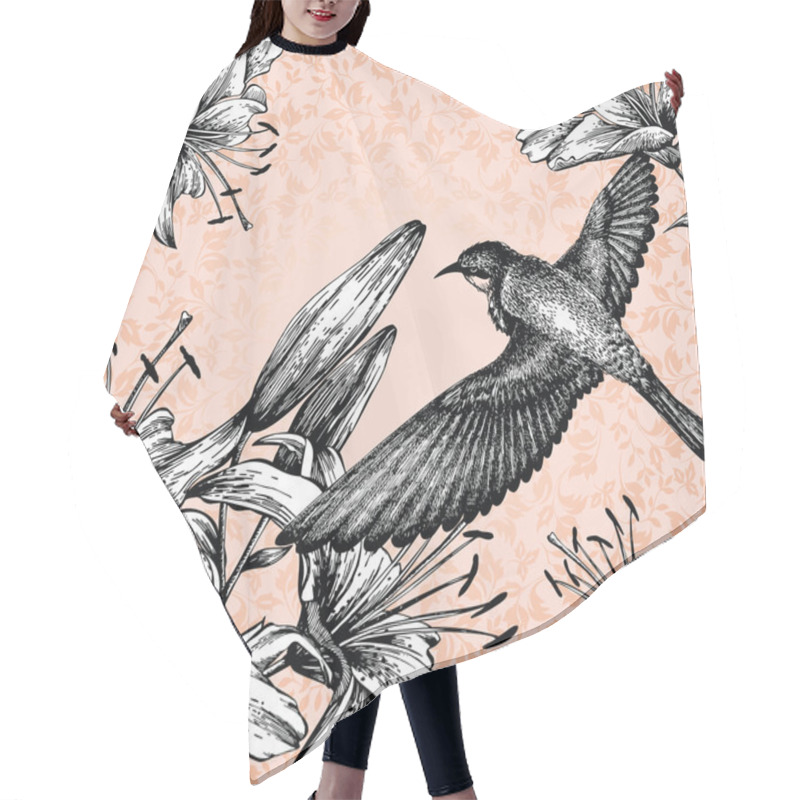 Personality  Background With A Flying Bird And Blooming Lilies Hand Drawing. Vector Hair Cutting Cape