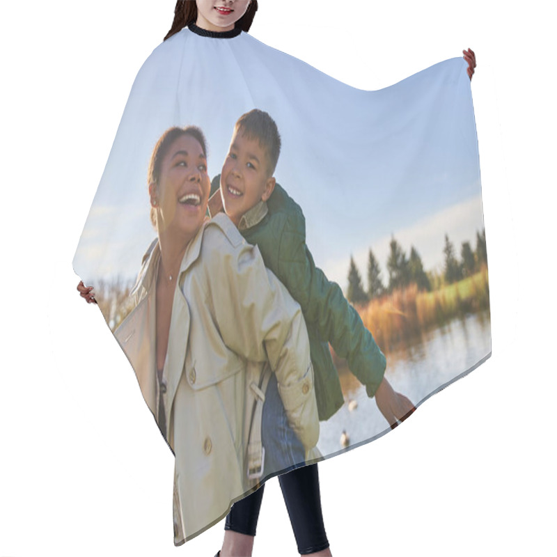 Personality  Joyful Mother Piggybacking Son, Childhood, African American Woman And Boy, Autumn, Free Spirit Hair Cutting Cape