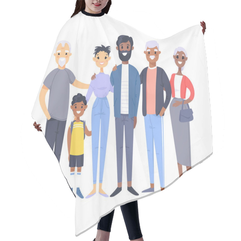 Personality  Set Of Different Couples And Families. Cartoon Style People Of Different Races, Nationalities (african American And Asian), Ages (young And Elderly), With Baby, Boy, Girl, Pregnant Woman Hair Cutting Cape