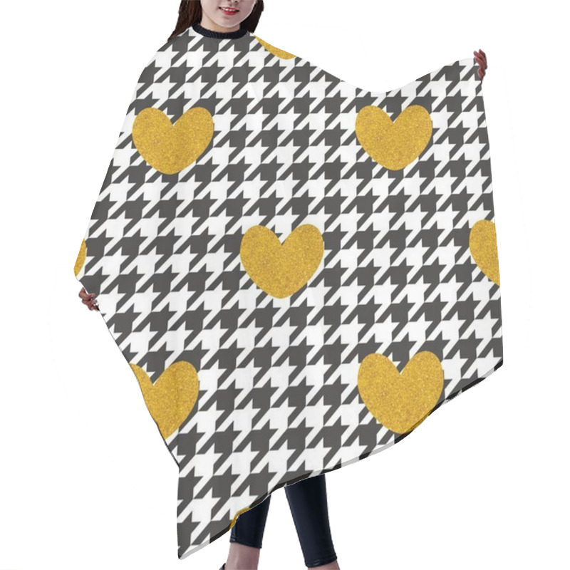 Personality  Tile Vector Pattern With Golden Hearts And Black And White Houndstooth Background Hair Cutting Cape