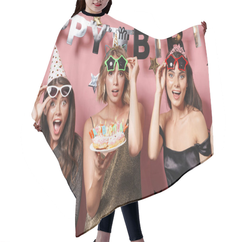 Personality  Image Of Excited Party Girls In Glamour Sunglasses Holding Birth Hair Cutting Cape