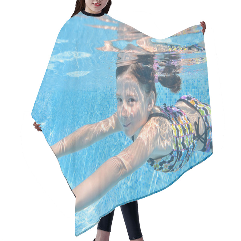 Personality  Child Swims In Pool Underwater, Happy Active Girl Dives And Has Fun Under Water, Kid Fitness And Sport On Family Vacation Hair Cutting Cape