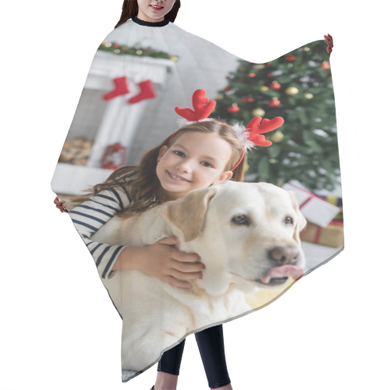 Personality  Smiling Girl In Christmas Headband Petting Labrador At Home  Hair Cutting Cape