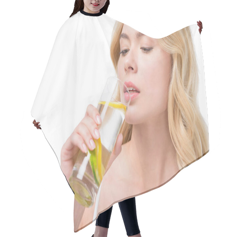 Personality  Woman Drinking Water With Lemon From Glass Hair Cutting Cape