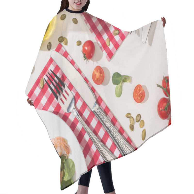 Personality  Top View Of Fresh Green Salad With Shrimps And Avocado On Plate Near Cutlery On Plaid Napkin And Ingredients On White Background Hair Cutting Cape