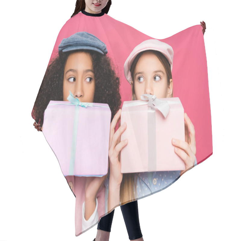 Personality  Fashionable Interracial Girls In Trendy Caps Holding Gifts Isolated On Pink Hair Cutting Cape