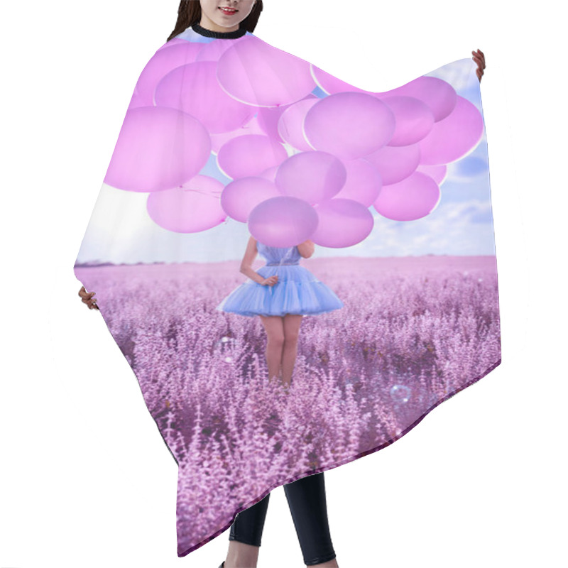 Personality  Beautiful Woman With Pink Balloons In Lavender Field Hair Cutting Cape