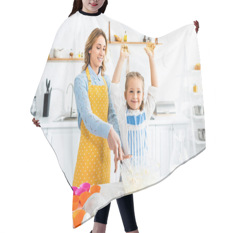 Personality  Smiling Mother And Daughter In Aprons Mixing Dough In Kitchen  Hair Cutting Cape