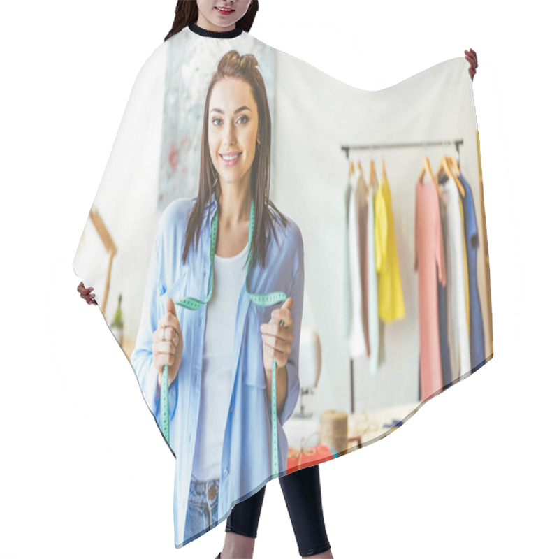 Personality  Smiling Seamstress Posing With Tape Measure Hair Cutting Cape