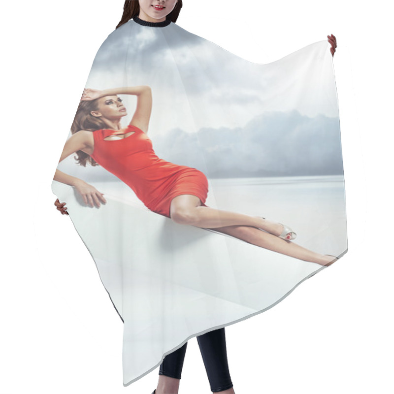 Personality  Art Photo Of Brunette Lady Over The Sky Background Hair Cutting Cape